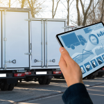 Man holding a tablet and moving trucks